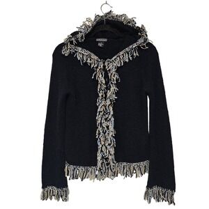 Takeout Hooded Cardigan Sweater Navy Blue Fringe Zip Front Shaggy Boho Y2K Emo ~